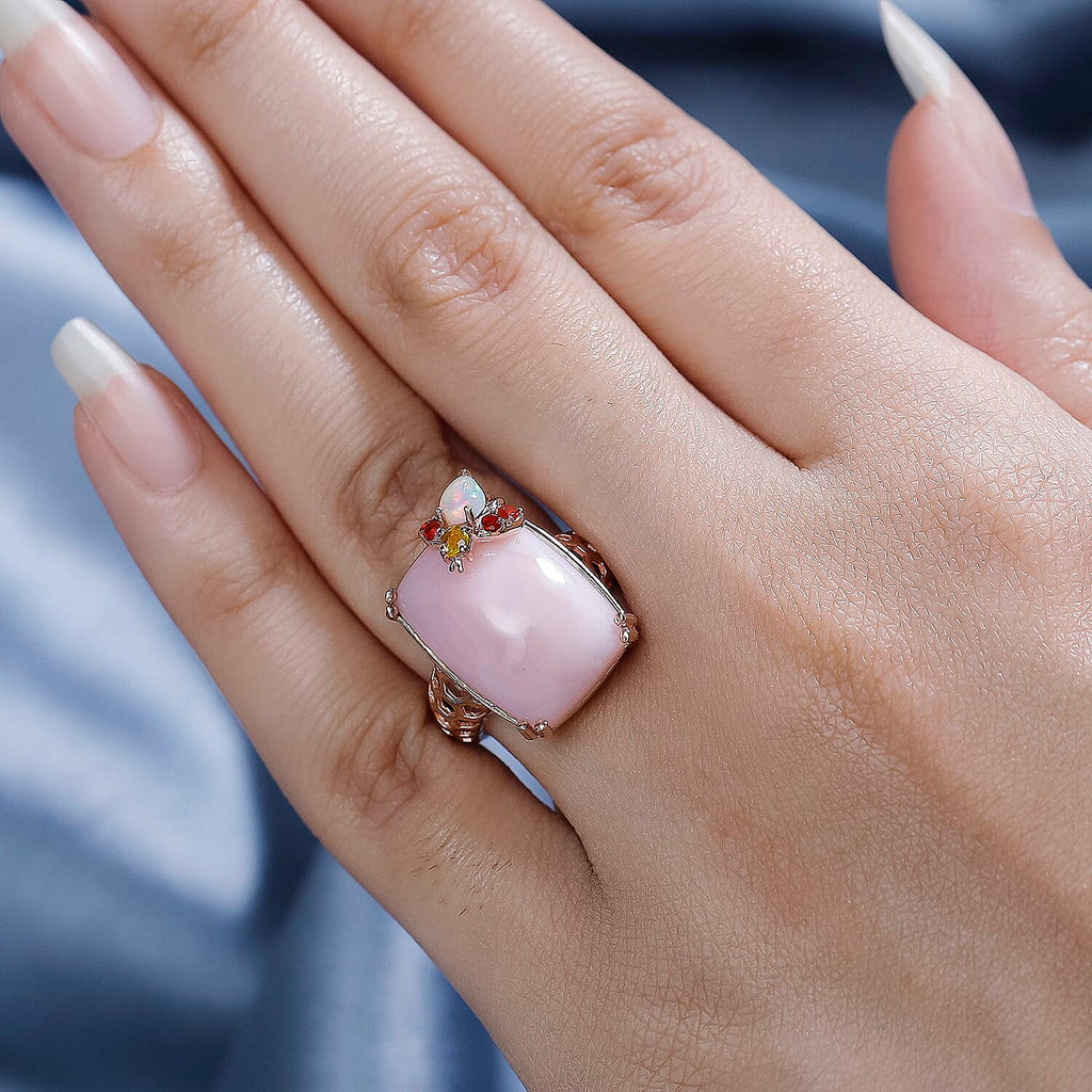 Gem Fiesta- Opal Opulence - Pink, Ethiopian, Yellow & Fire Opal Solitaire Ring in 18K Vermeil Rose Gold Plated Sterling Silver 10.00 Ct