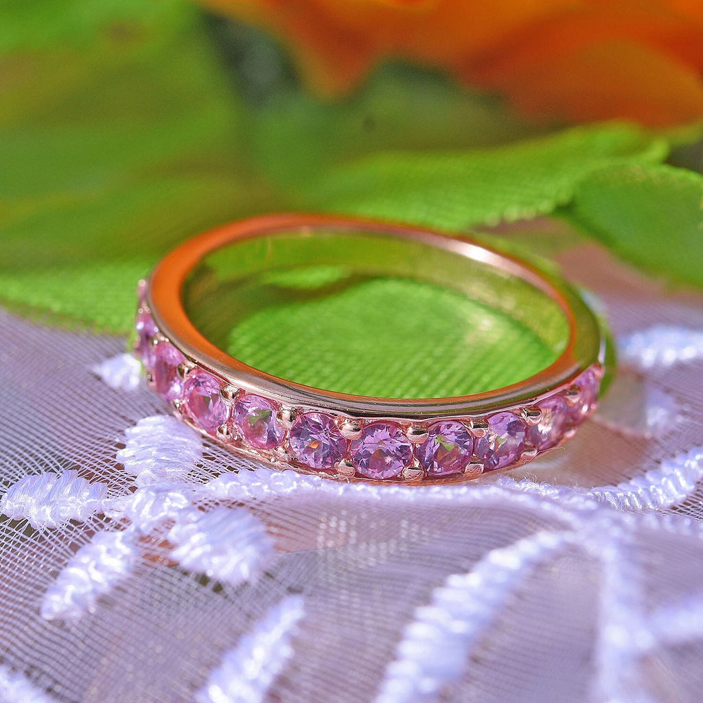 Madagascar Pink Sapphire Eternity Band Ring in 18K Vermeil RG Plated Sterling Silver