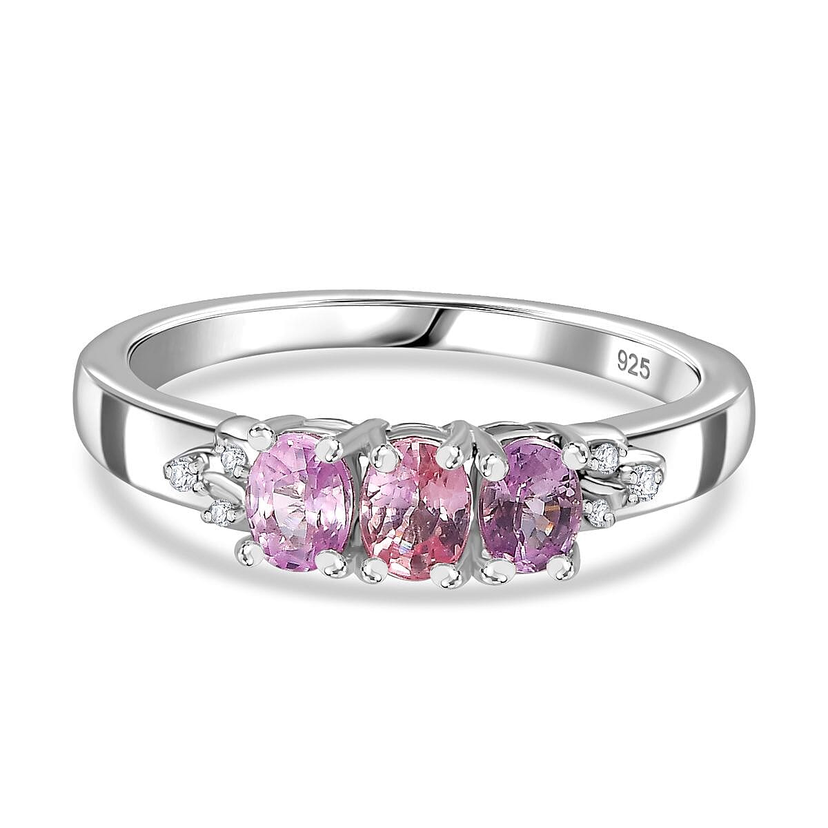 Pink Sapphire and White Zircon Band Ring in Rhodium Overlay Sterling Silver 0.720 Ct 7846279 0
