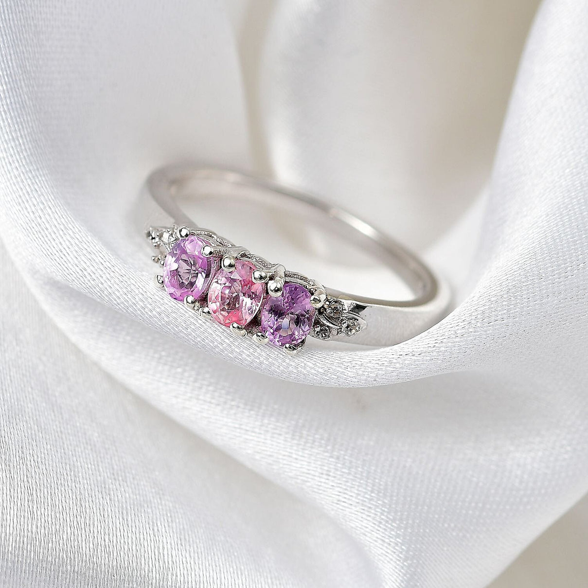 Pink Sapphire and White Zircon Band Ring in Rhodium Overlay Sterling Silver 0.720 Ct 7846279 1