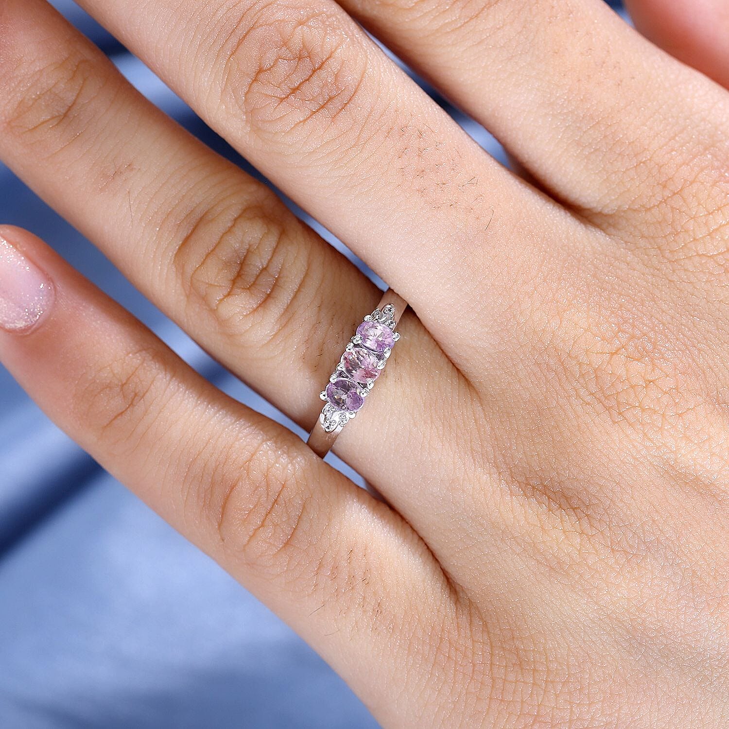 Pink Sapphire and White Zircon Band Ring in Rhodium Overlay Sterling Silver 0.720 Ct 7846279 2