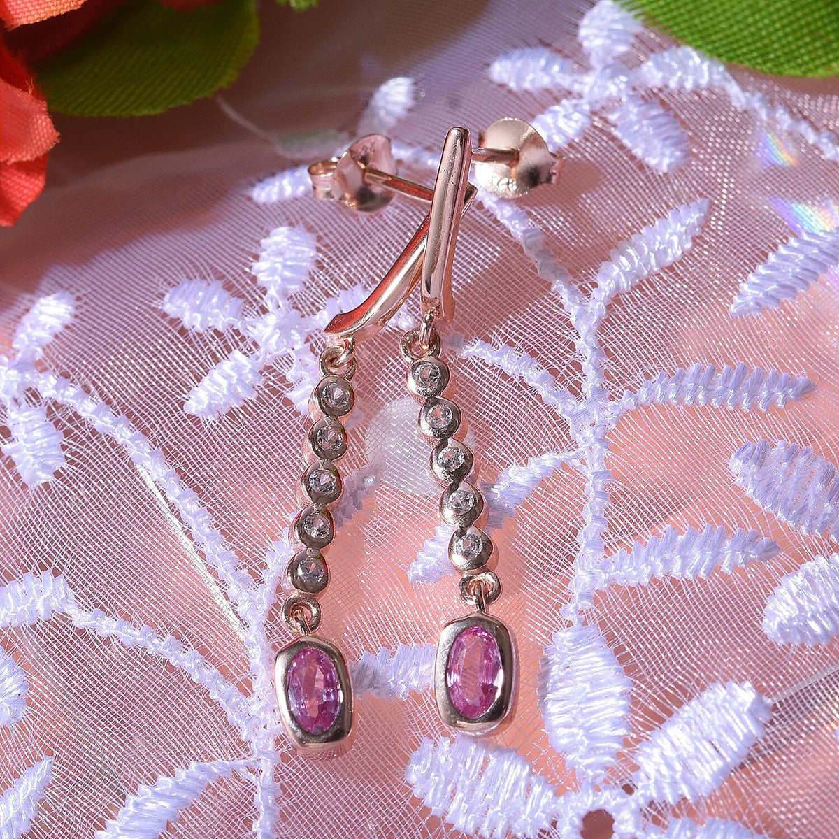 Madagascar Pink Sapphire and Natural Zircon Dangle Earrings in 18K Vermeil Rose Gold Plated Sterling Silver 7802000 1
