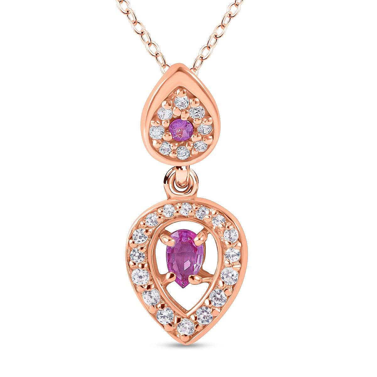 Pink Sapphire and Natural Zircon Drop Pendant with Chain (Size 20) in 18K Vermeil Rose Gold Plated Sterling Silver 4280092 0