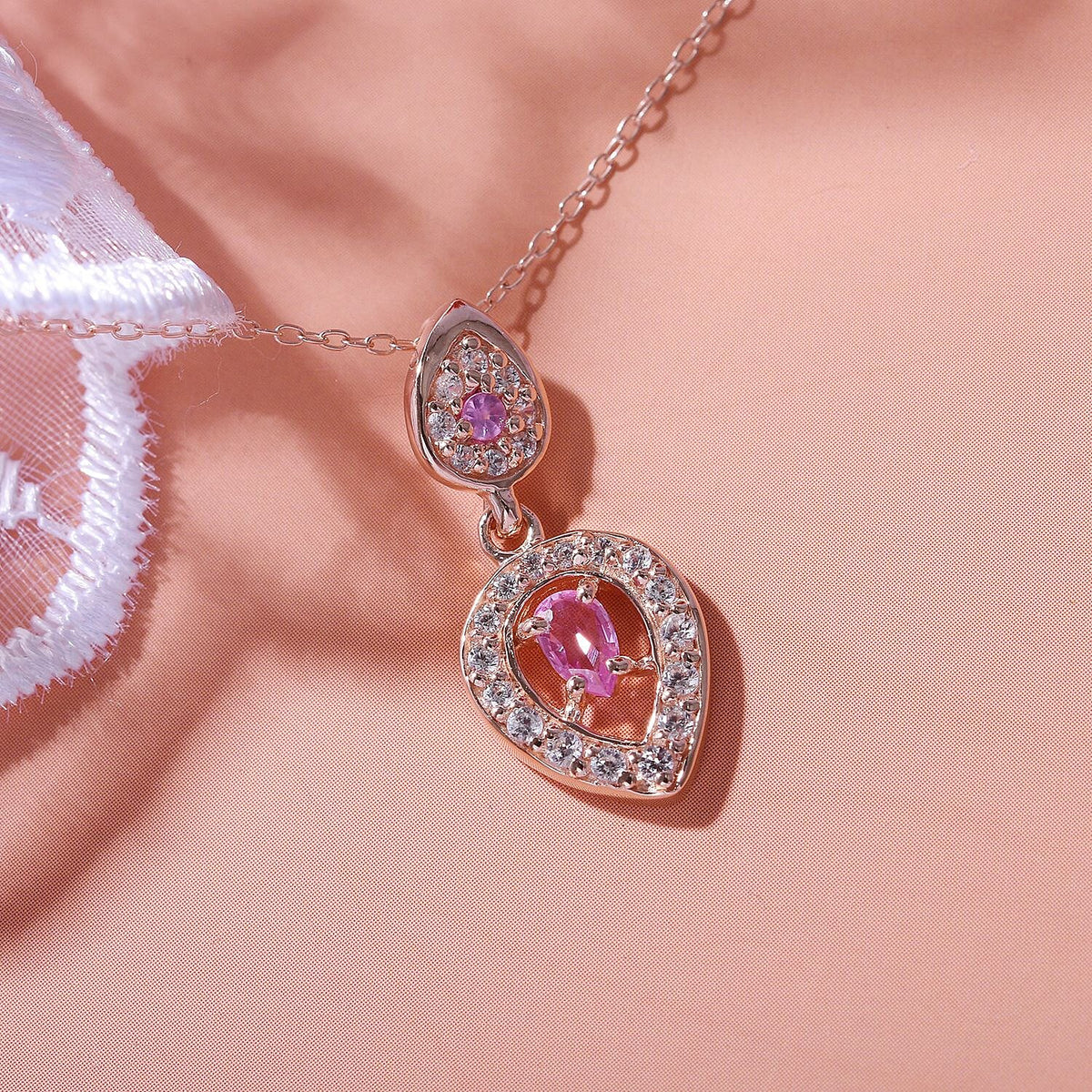 Pink Sapphire and Natural Zircon Drop Pendant with Chain (Size 20) in 18K Vermeil Rose Gold Plated Sterling Silver 4280092 1