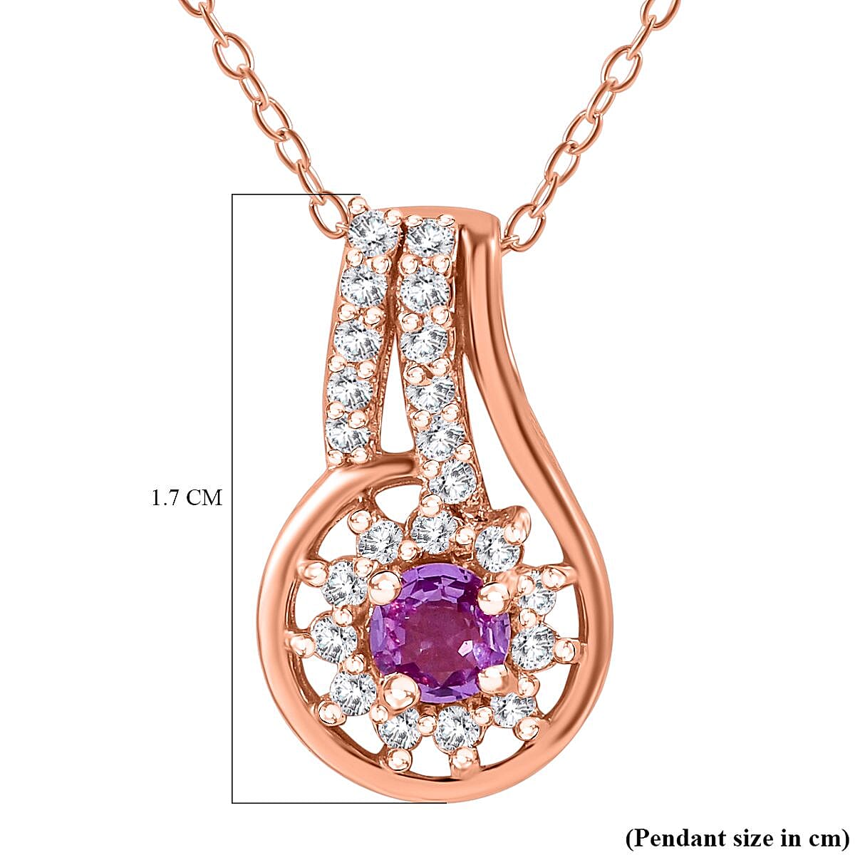 Pink Sapphire, White Zircon Drop Pendant with Chain (Size 20) in 18K Vermeil Rose Gold Plated Sterling Silver 4280124 6