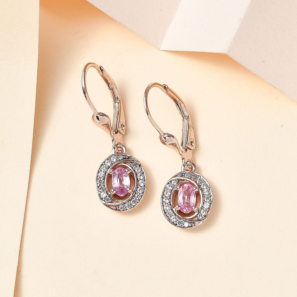 Pink Sapphire & Natural Zircon Earrings in 18K RG Vermeil Plated Sterling Silver