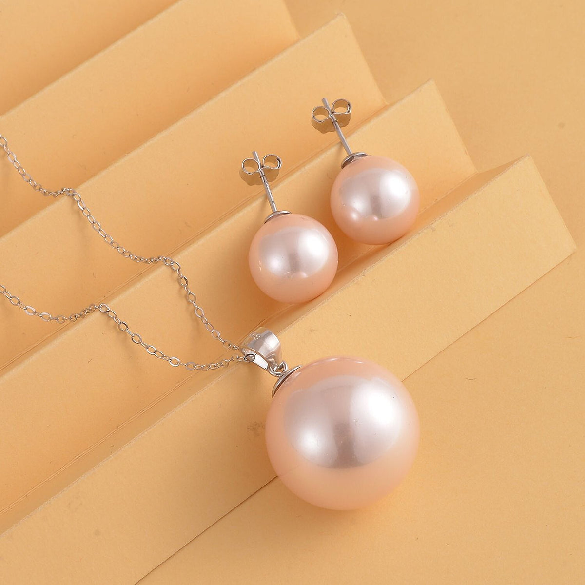 2 Piece Set - Pink Shell Pearl Pendant with Chain ( Size 20) and Earrings (With Push Back) in Rhodium Overlay Sterling Silver 4321463 1