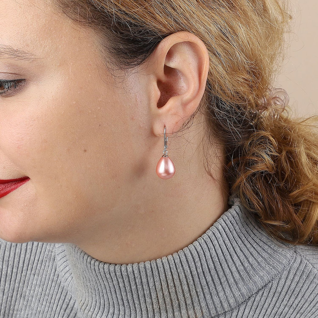 Pink Shell Pearl Drop Lever Back Earrings in Rhodium Overlay Sterling Silver 25 Ct