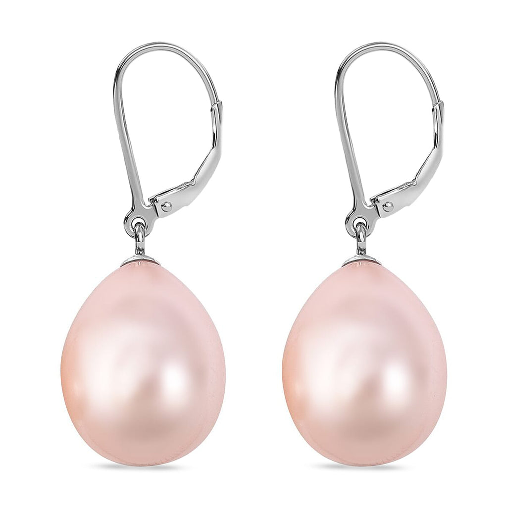 Pink Shell Pearl Drop Lever Back Earrings in Rhodium Overlay Sterling Silver 25 Ct