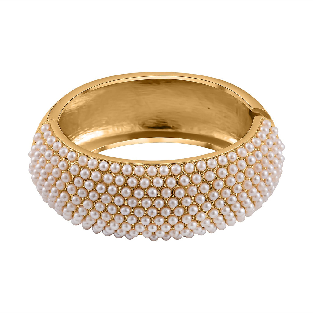 Designer Inspired - Simulated Akoya Pearl Cuff Bangle in Gold Tone