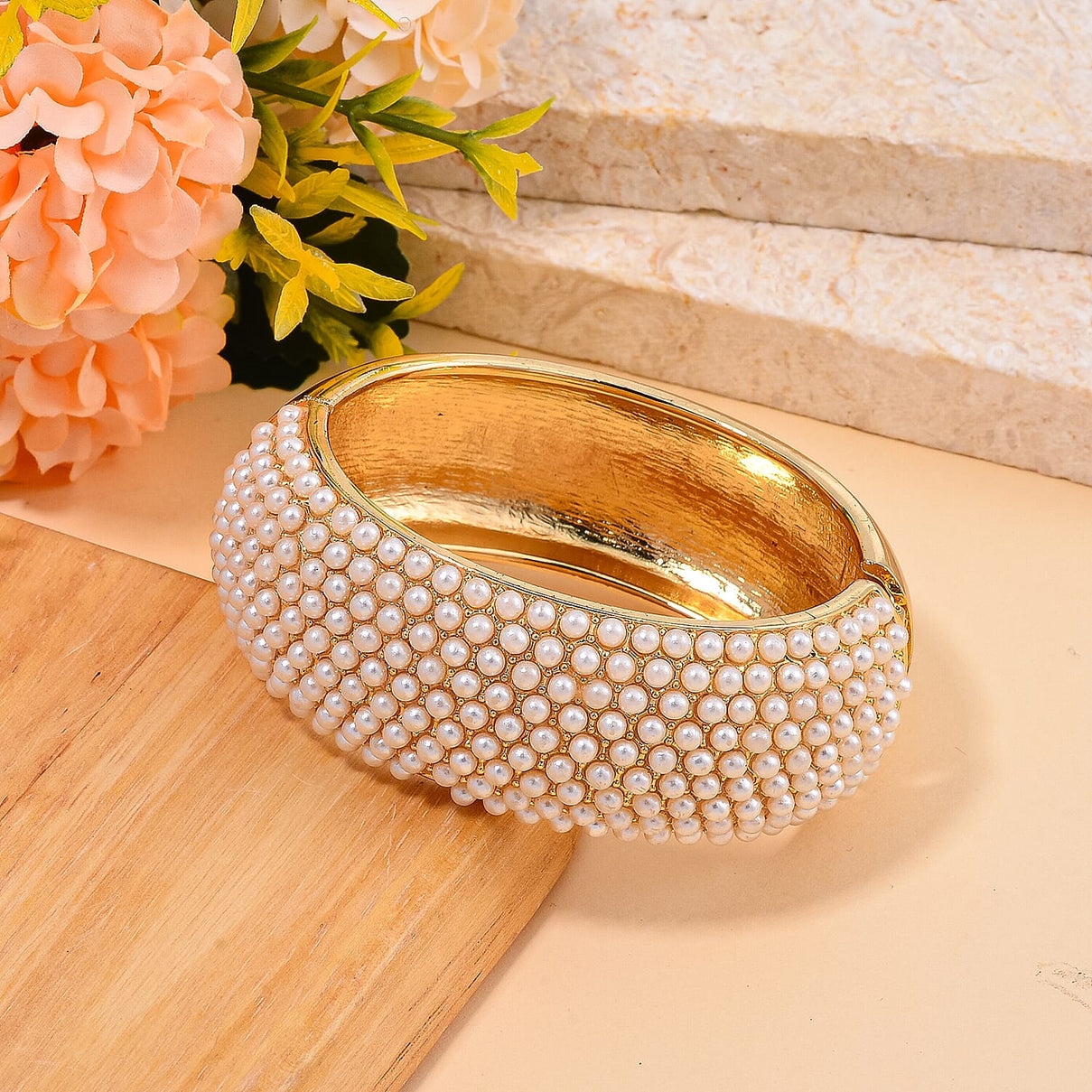 Designer Inspired - Simulated Akoya Pearl Cuff Bangle in Gold Tone 7681285 2
