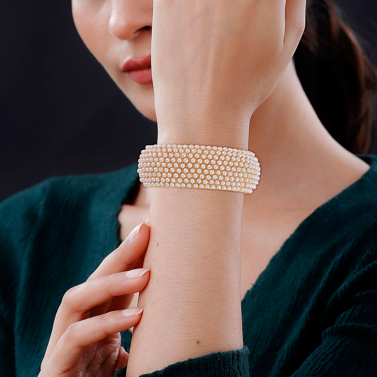 Designer Inspired - Simulated Akoya Pearl Cuff Bangle in Gold Tone 7681285 3