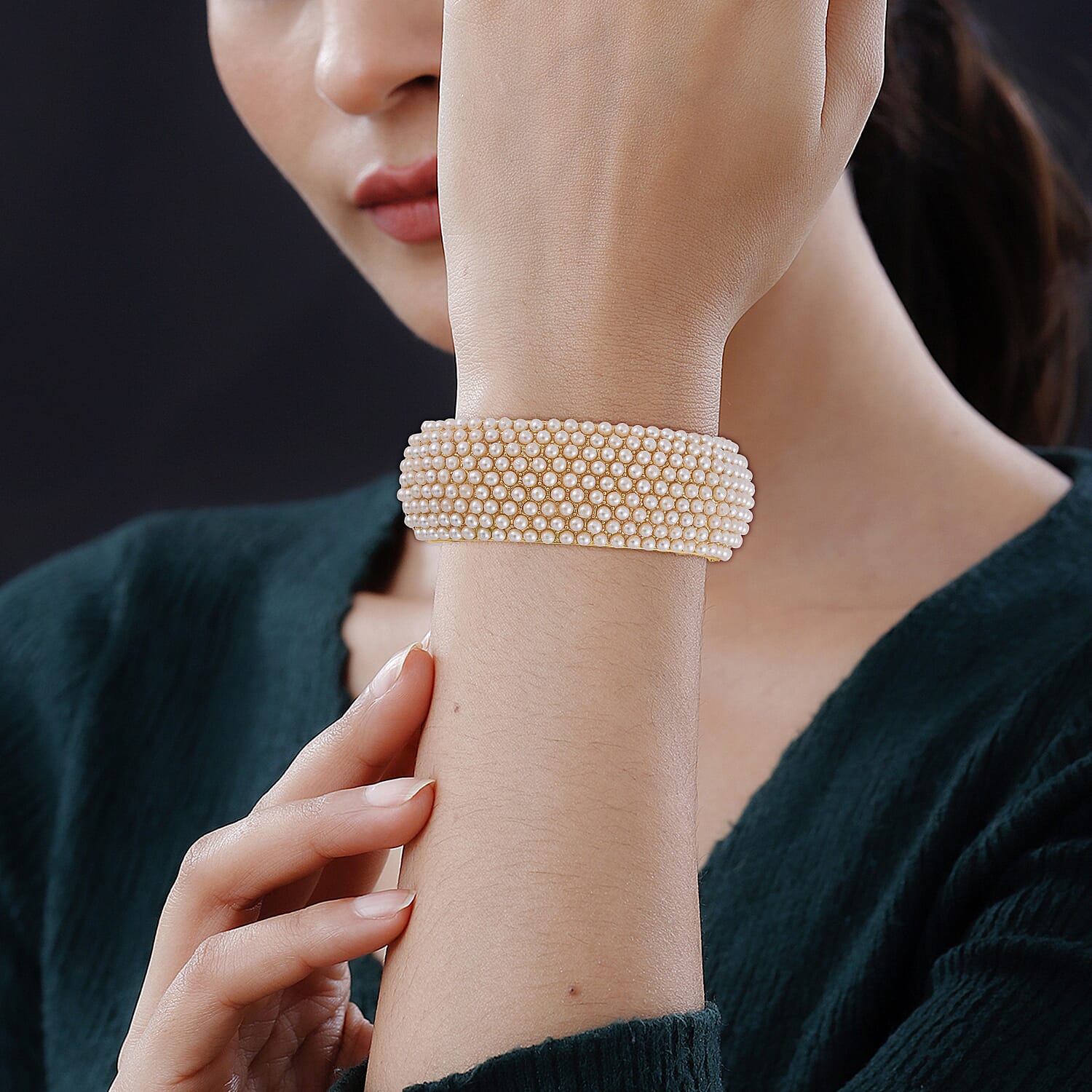 Designer Inspired - Simulated Akoya Pearl Cuff Bangle in Gold Tone 7681285 3