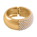 Designer Inspired - Simulated Akoya Pearl Cuff Bangle in Gold Tone