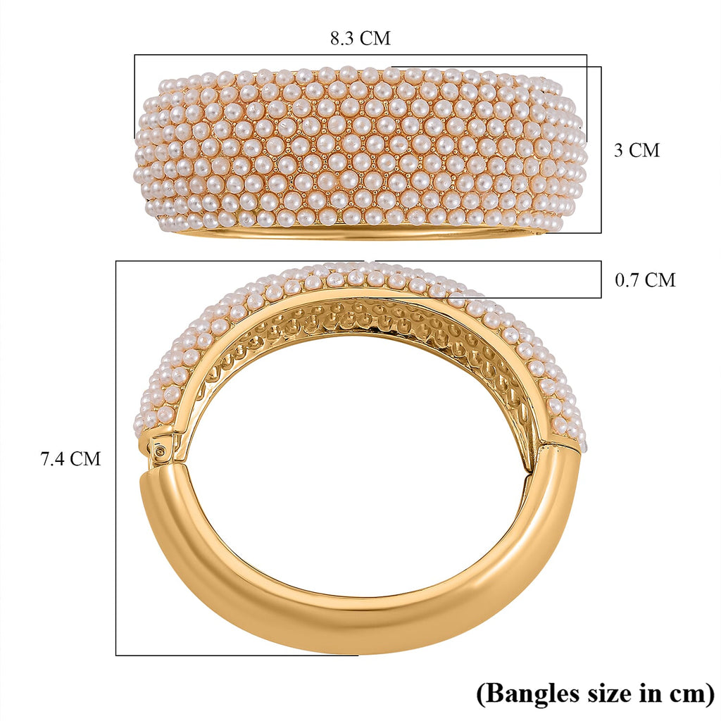 Designer Inspired - Simulated Akoya Pearl Cuff Bangle in Gold Tone