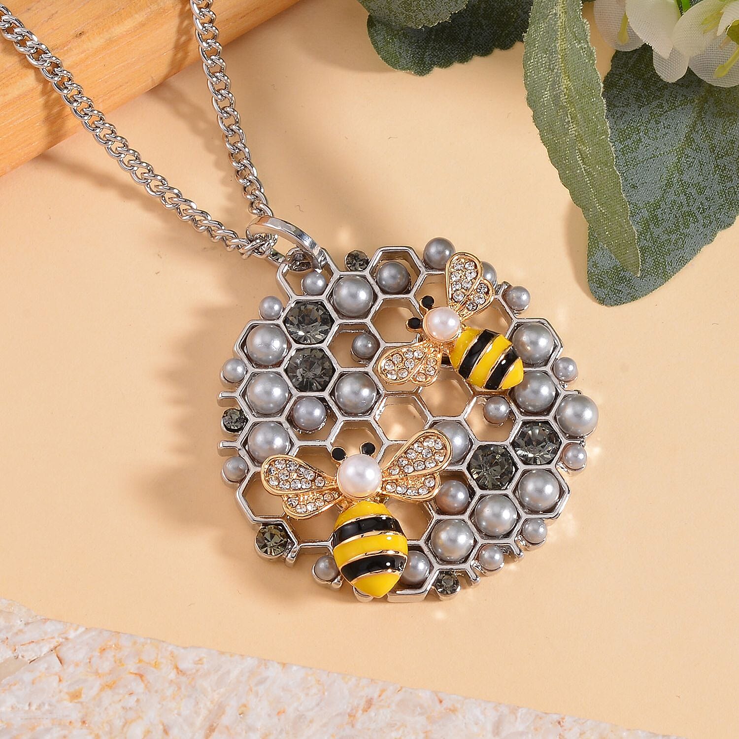 Simulated Pearl, White &amp; Black Austrian Crystal Grey Enamelled Bee Necklace (Size - 24) in Silver Plating 7668875 2