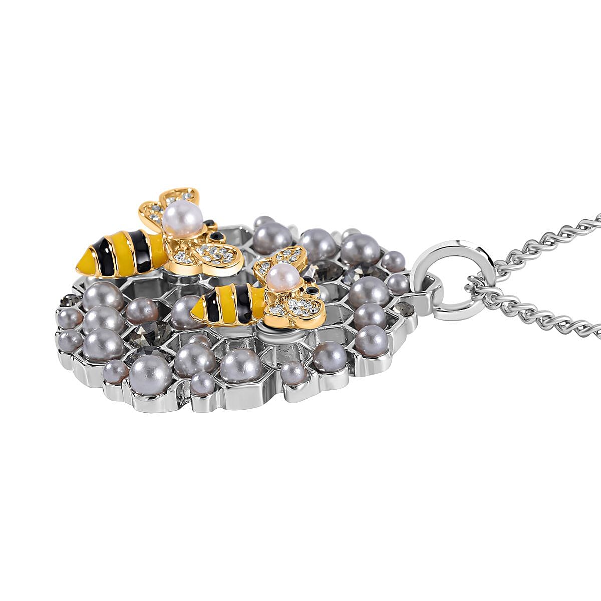 Simulated Pearl, White &amp; Black Austrian Crystal Grey Enamelled Bee Necklace (Size - 24) in Silver Plating 7668875 3