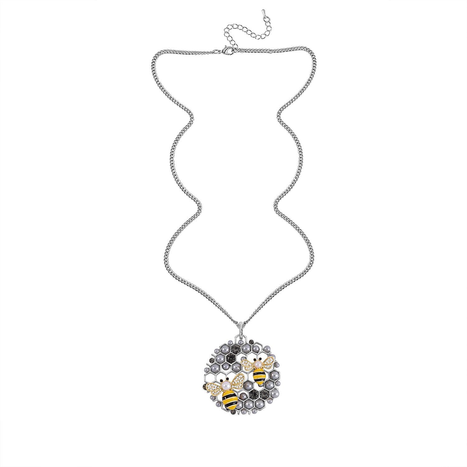 Simulated Pearl, White &amp; Black Austrian Crystal Grey Enamelled Bee Necklace (Size - 24) in Silver Plating 7668875 5