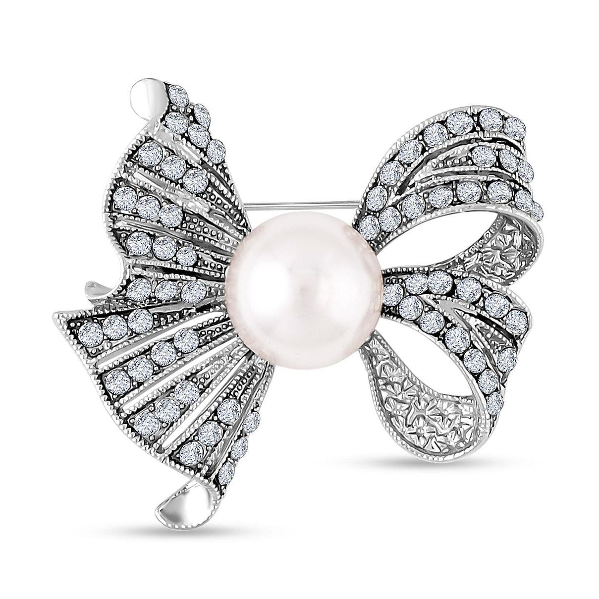 Simulated Pearl and White Austrian Crystal Brooch in Silver Tone 7490528 0