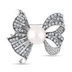 Simulated Pearl and White Austrian Crystal Brooch in Silver Tone