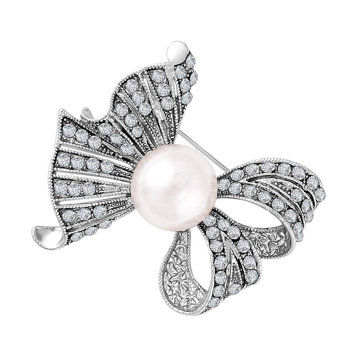 Simulated Pearl and White Austrian Crystal Brooch in Silver Tone 7490528 2