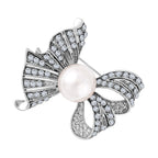 Simulated Pearl and White Austrian Crystal Brooch in Silver Tone