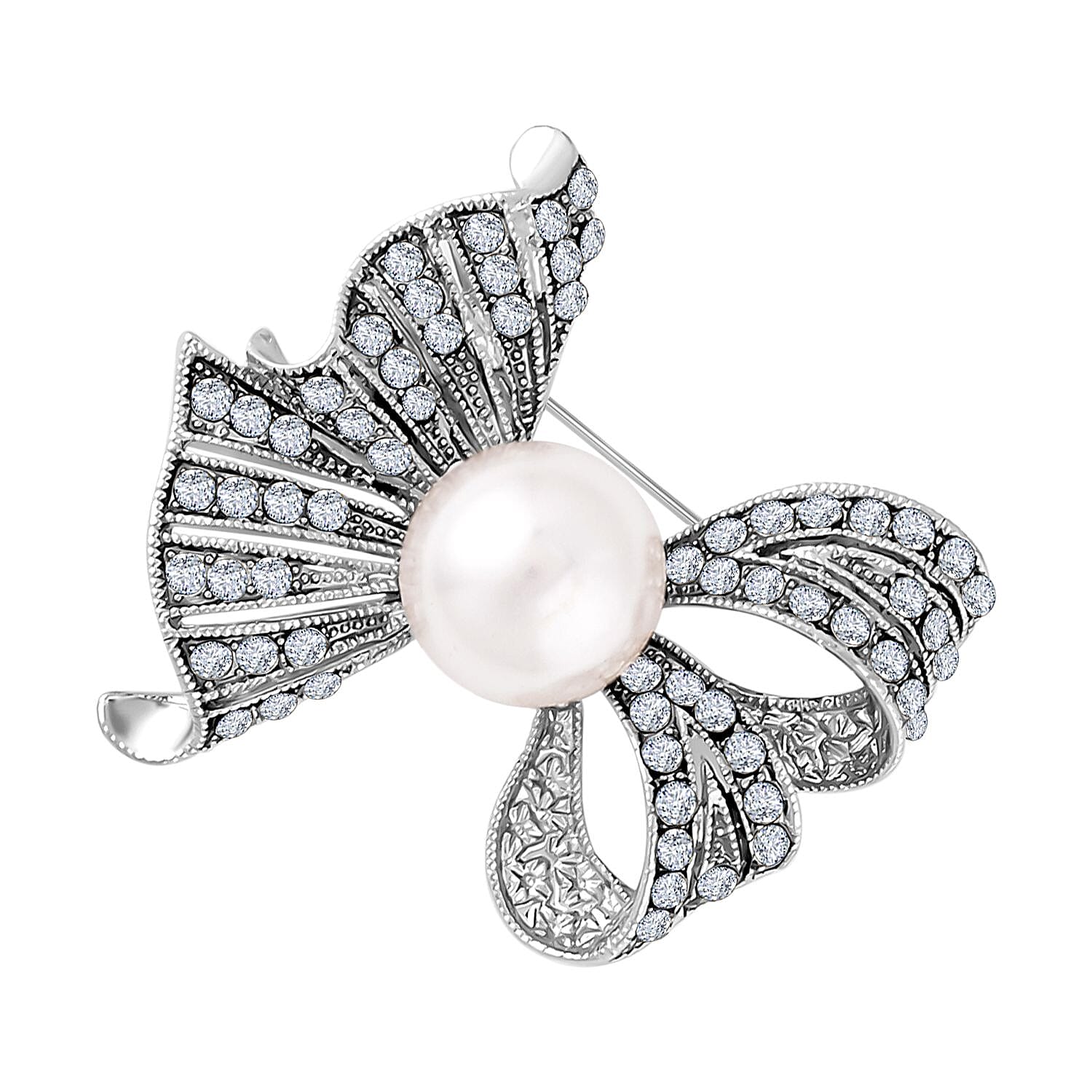 Simulated Pearl and White Austrian Crystal Brooch in Silver Tone 7490528 2