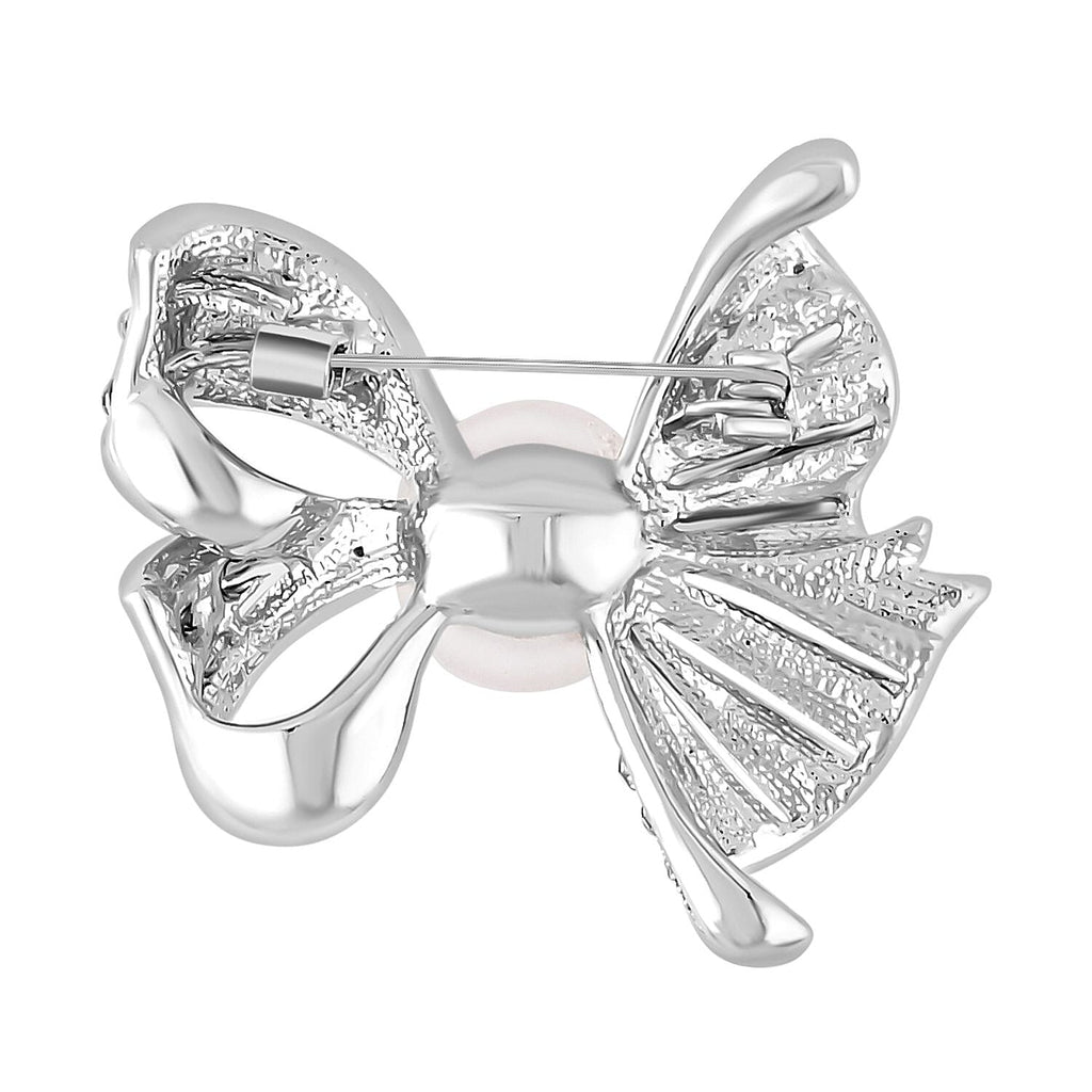Simulated Pearl and White Austrian Crystal Brooch in Silver Tone