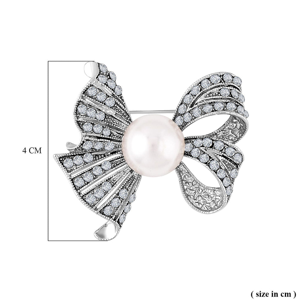 Simulated Pearl and White Austrian Crystal Brooch in Silver Tone