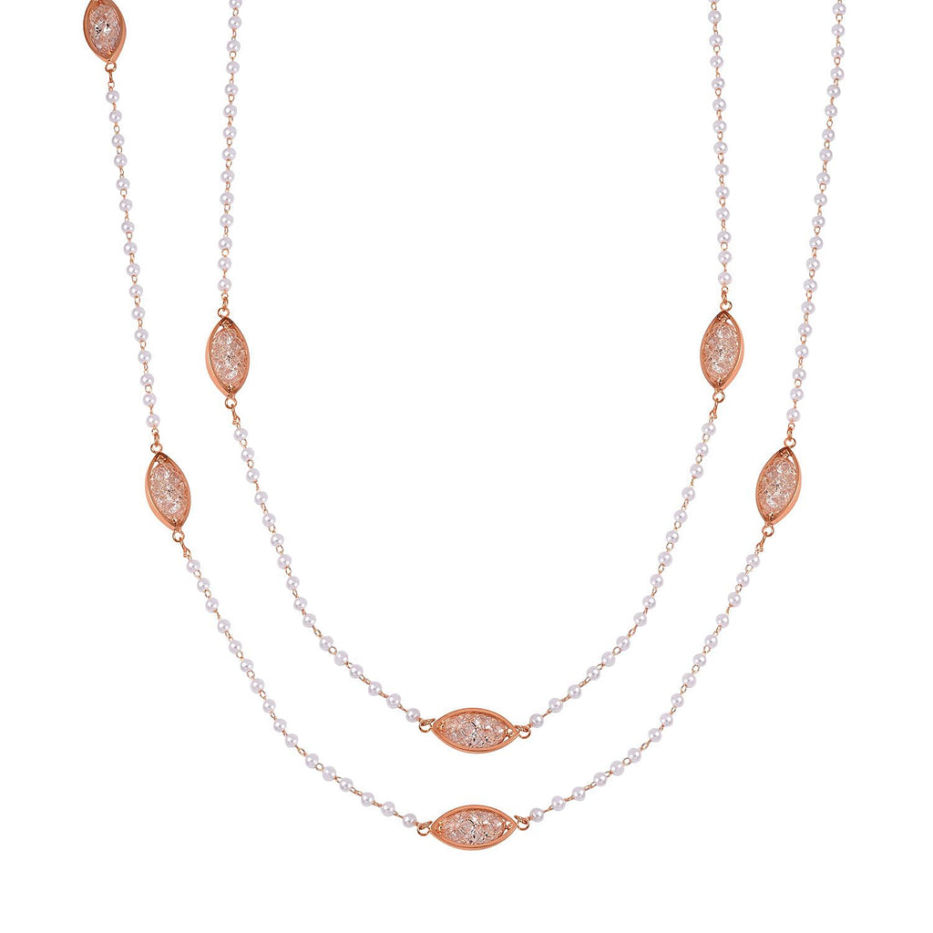 Simulated Pearl & White Austrian Crystal Necklace (Size - 29-2 Inch Ext.) in Rose Gold Tone
