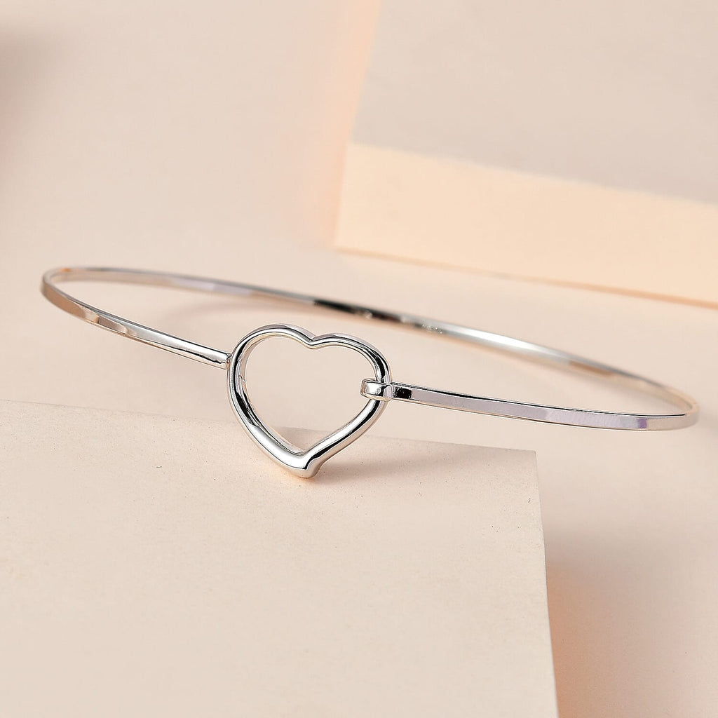 Designer Inspired - Platinum Overlay Sterling Silver Heart Flexi Bangle (Size-7.75)