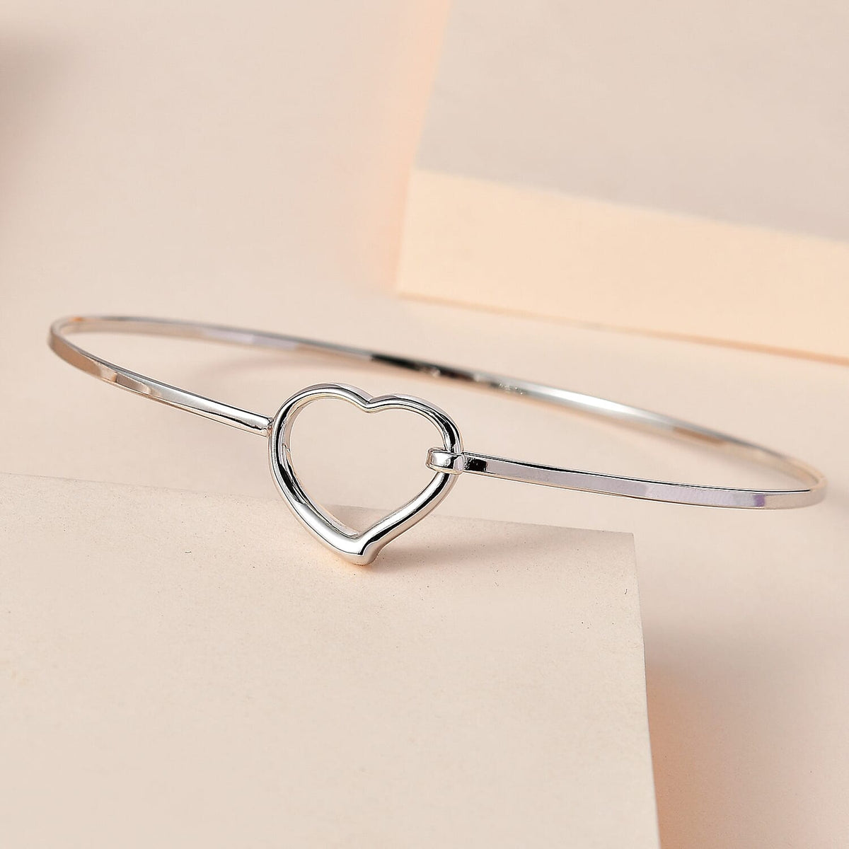 Designer Inspired - Platinum Overlay Sterling Silver Heart Flexi Bangle (Size-7.75) 7660799 2