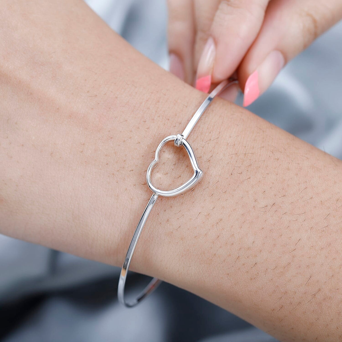Designer Inspired - Platinum Overlay Sterling Silver Heart Flexi Bangle (Size-7.75) 7660799 3