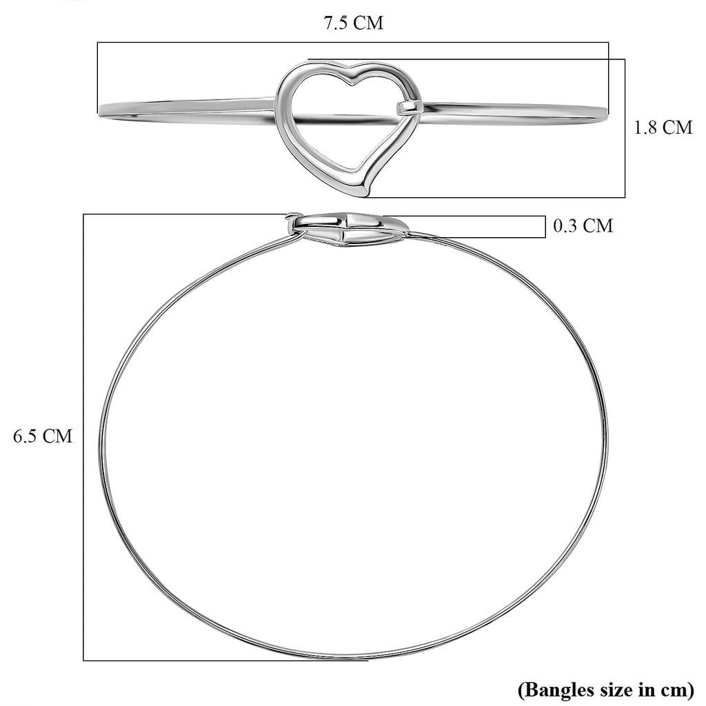 Designer Inspired - Platinum Overlay Sterling Silver Heart Flexi Bangle (Size-7.75)
