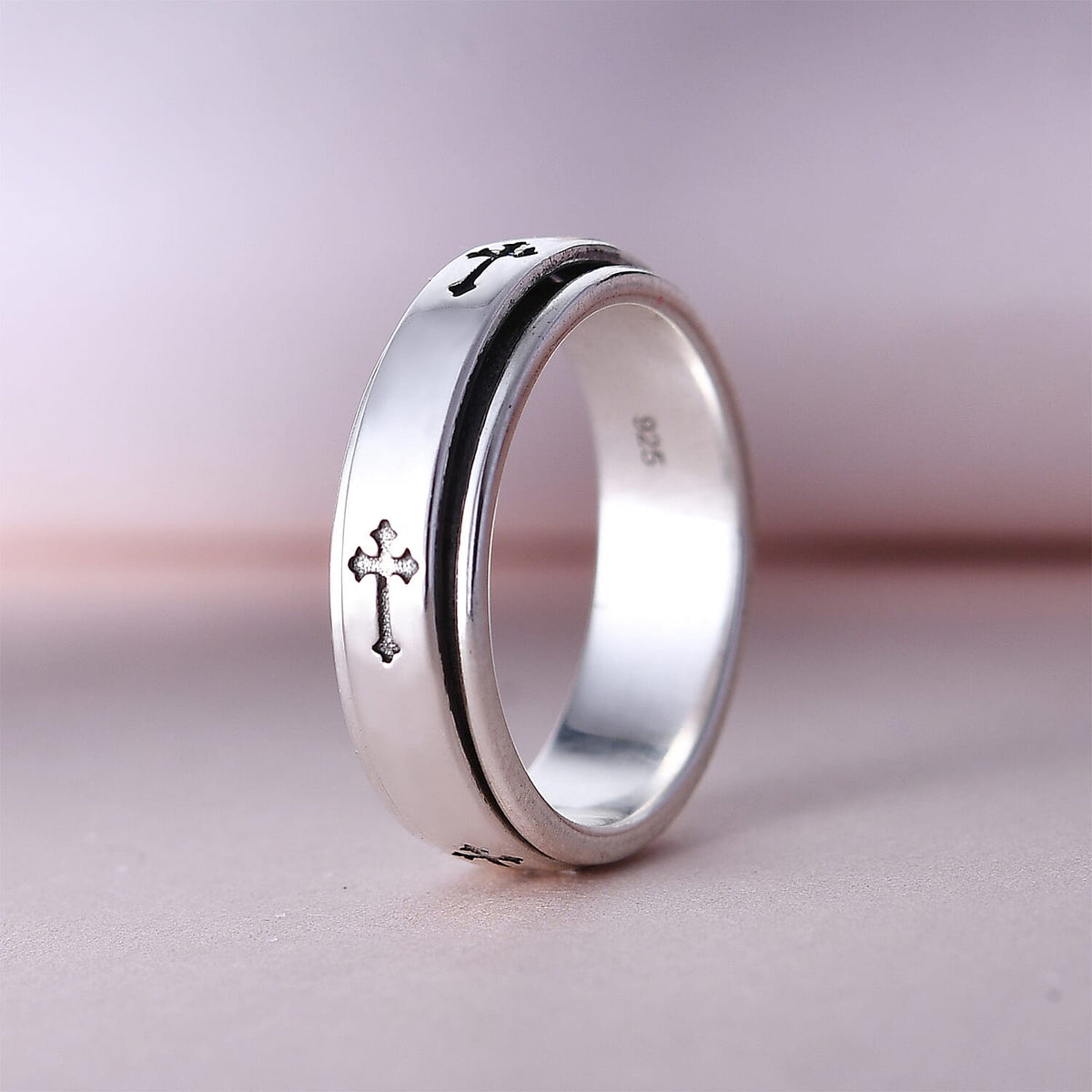 Stackable Cross Spinner Ring in Sterling Silver with Platinum Plating V32732347 11