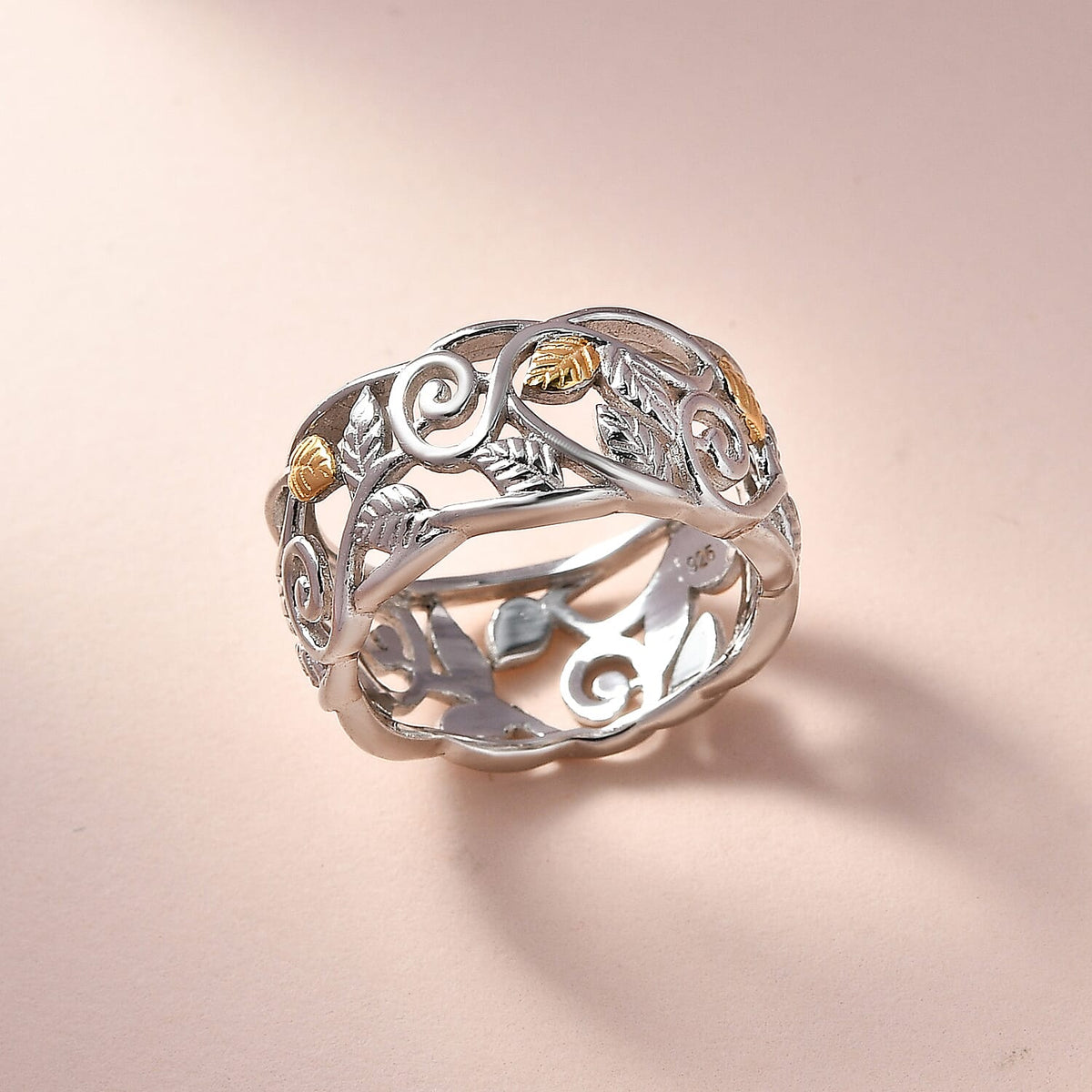 Filigree Leaf Ring in Sterling Silver with Platinum and 18K Vermeil Yellow Gold V32516183 2