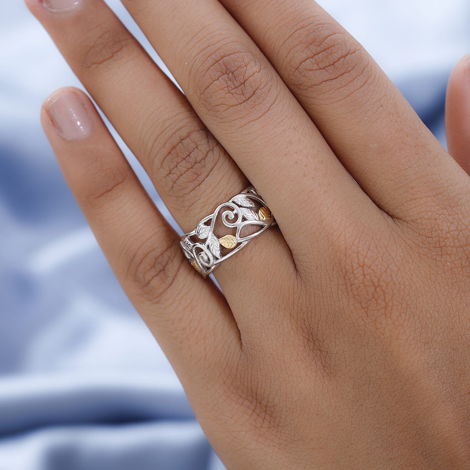 Filigree Leaf Ring in Sterling Silver with Platinum and 18K Vermeil Yellow Gold V32516183 3