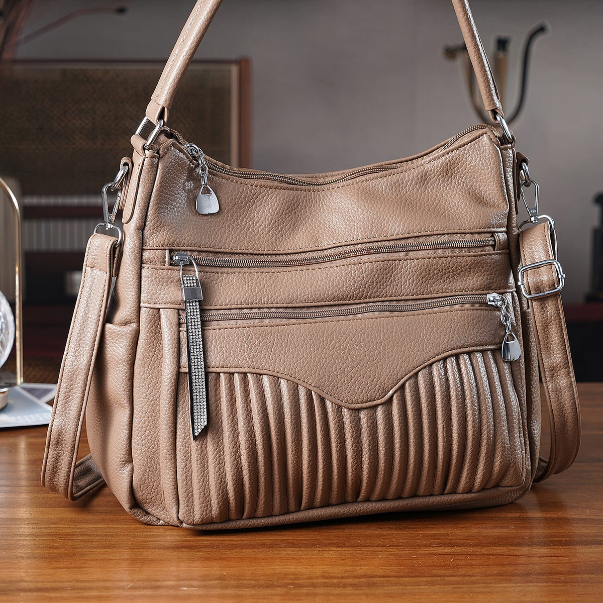 Pleated Structure Satchel Shoulder Bag with Top Handles - Brown 8202897 2