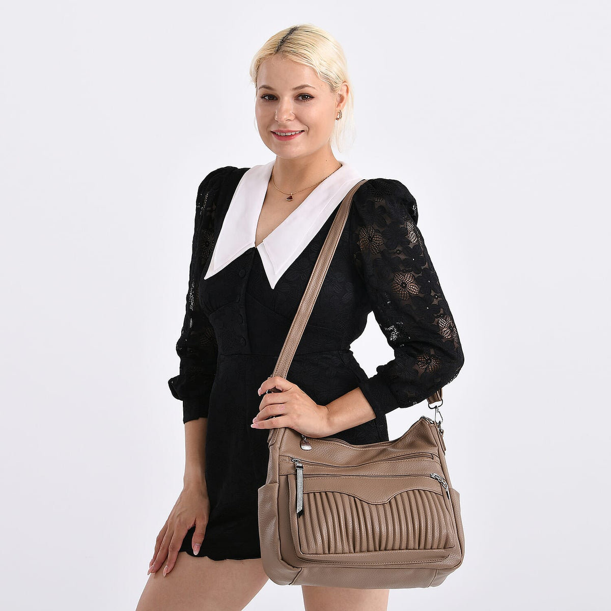 Pleated Structure Satchel Shoulder Bag with Top Handles - Brown 8202897 3