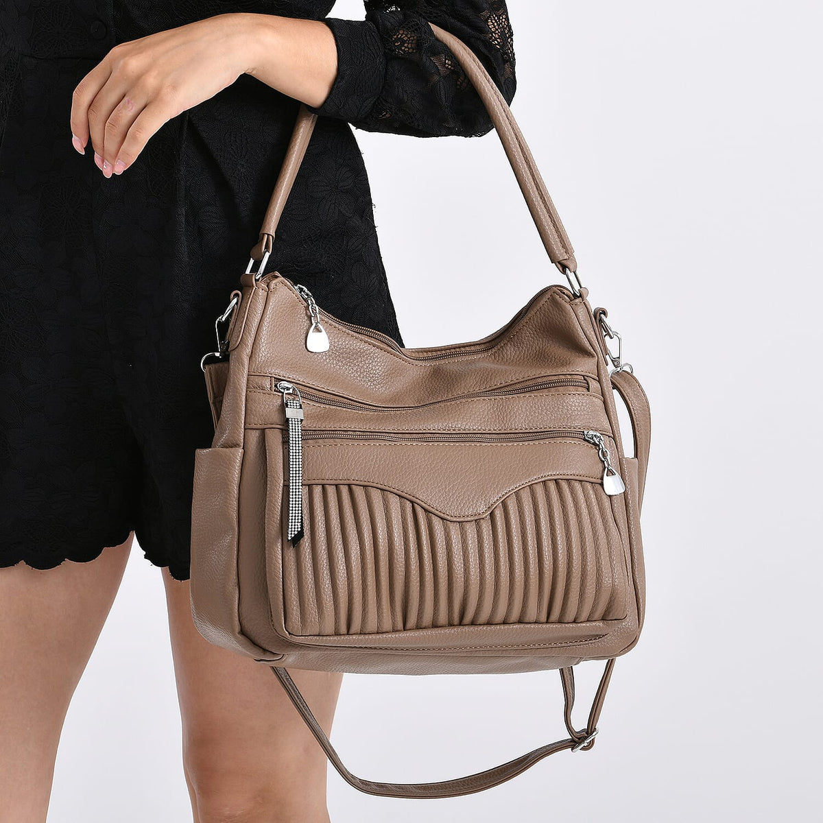 Pleated Structure Satchel Shoulder Bag with Top Handles - Brown 8202897 4