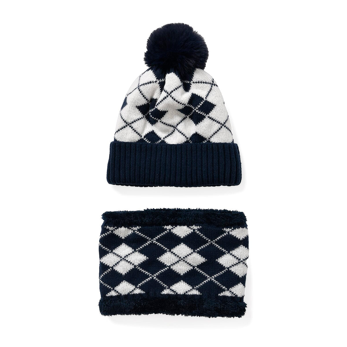 Plush Lined Pom Beanie Hat with Scarf Set - Navy 7849935 5