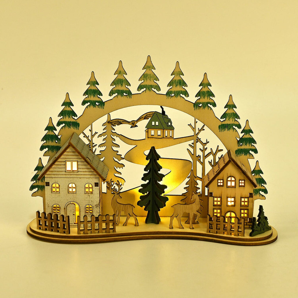 Wooden House With Christmas Trees - 3 LED Lights (3xLR44 Battery, Not Inc.)