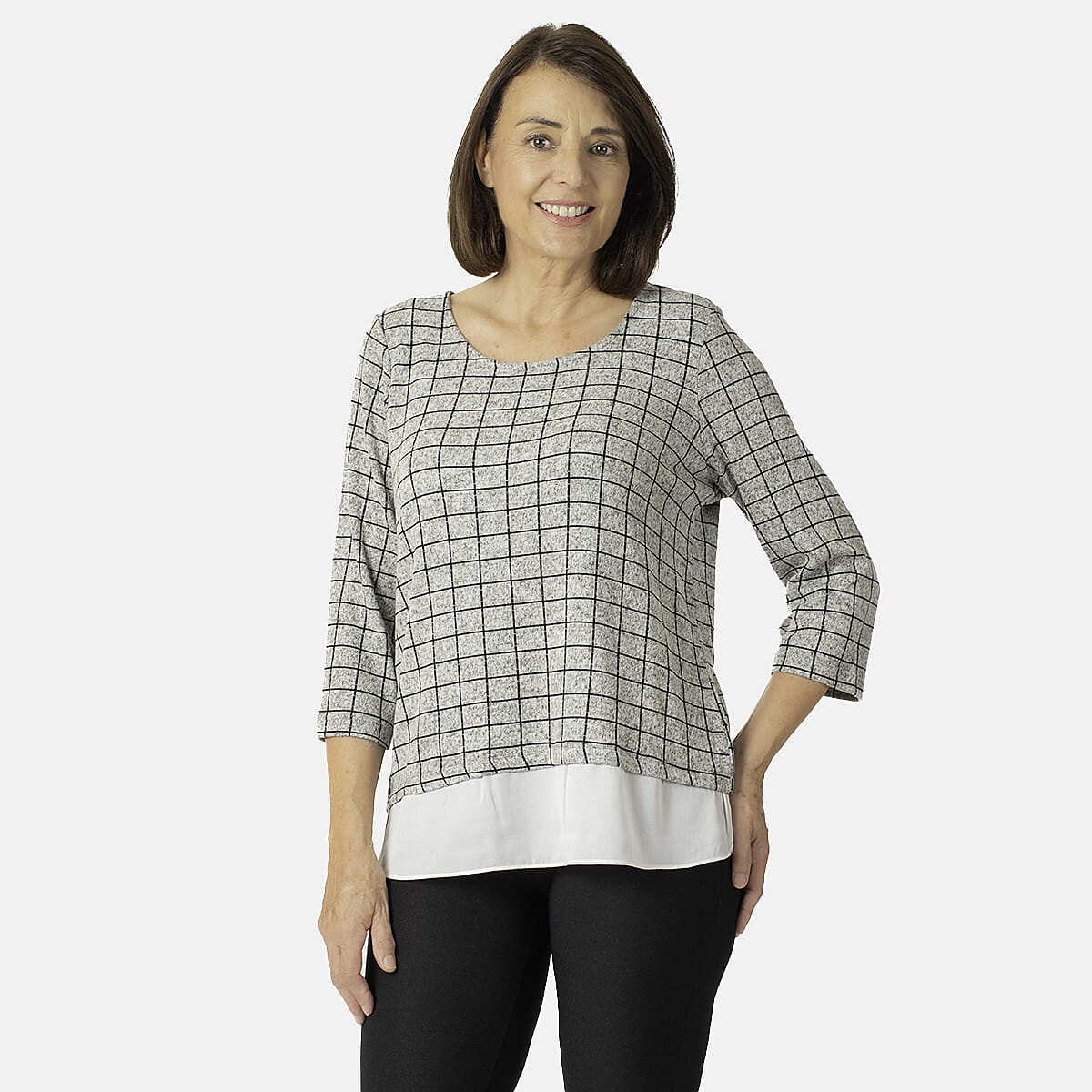3/4 Sleeve Check Print Knitted Top 7807119 0