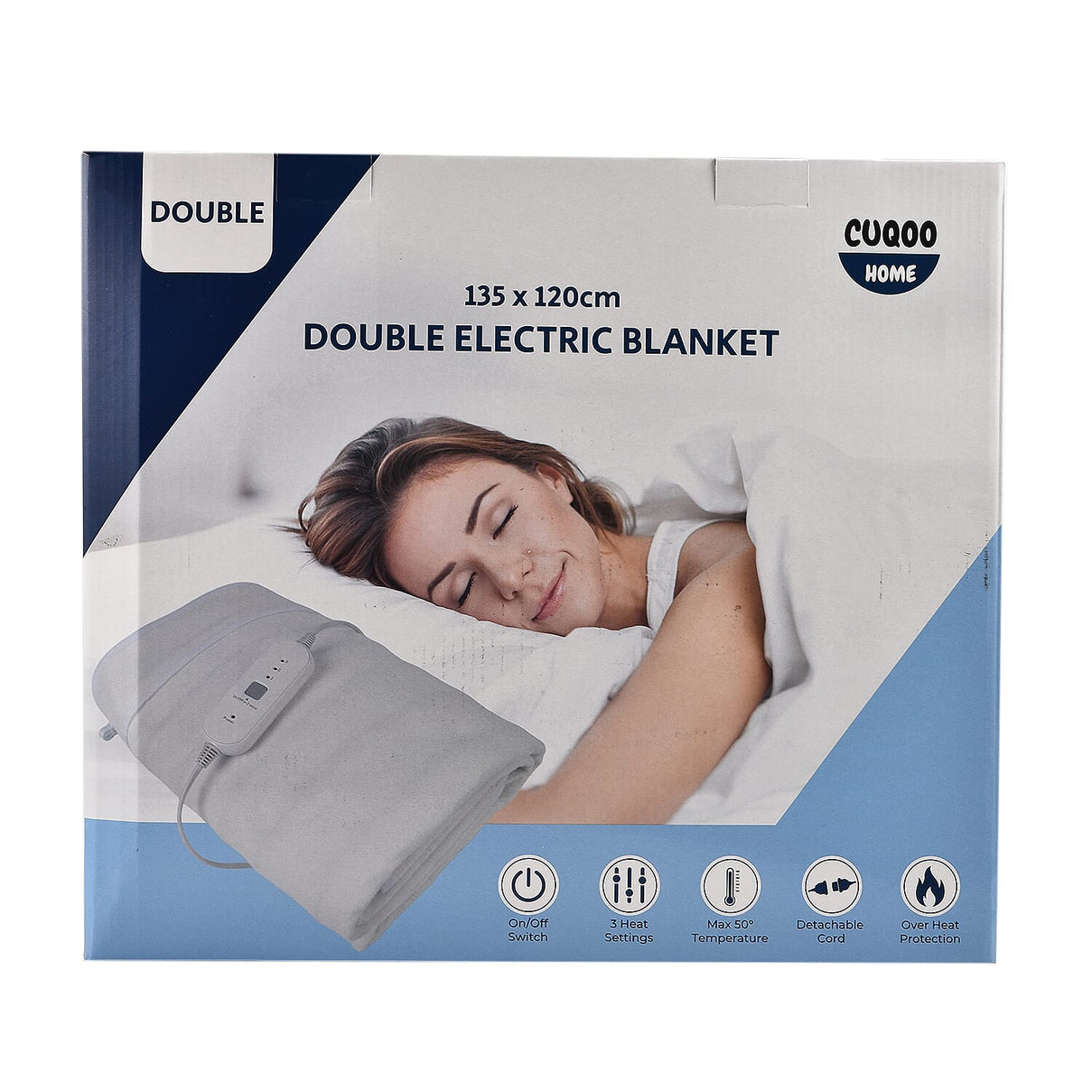 CUQOO Premium Heated Blanket with 3 Heat Setting &amp; LED Indicator Light (Double Size 135x120 cm) - White 7707759 0