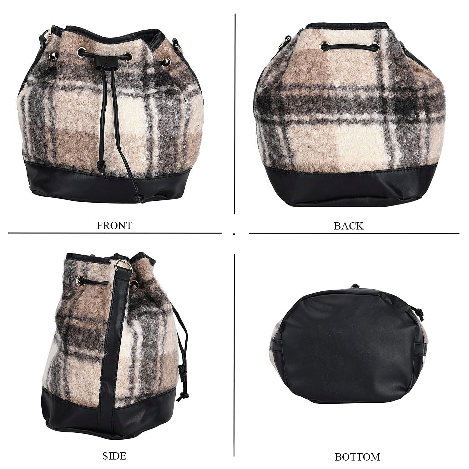 Crossbody Checkered Bucket Bag (Size 22x18x25 cm) - Black &amp; Beige 7849616 10