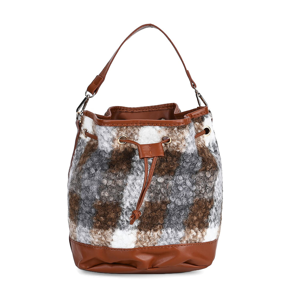 Crossbody Checkered Bucket Bag (Size 22x18x25 cm) - Brown & Beige