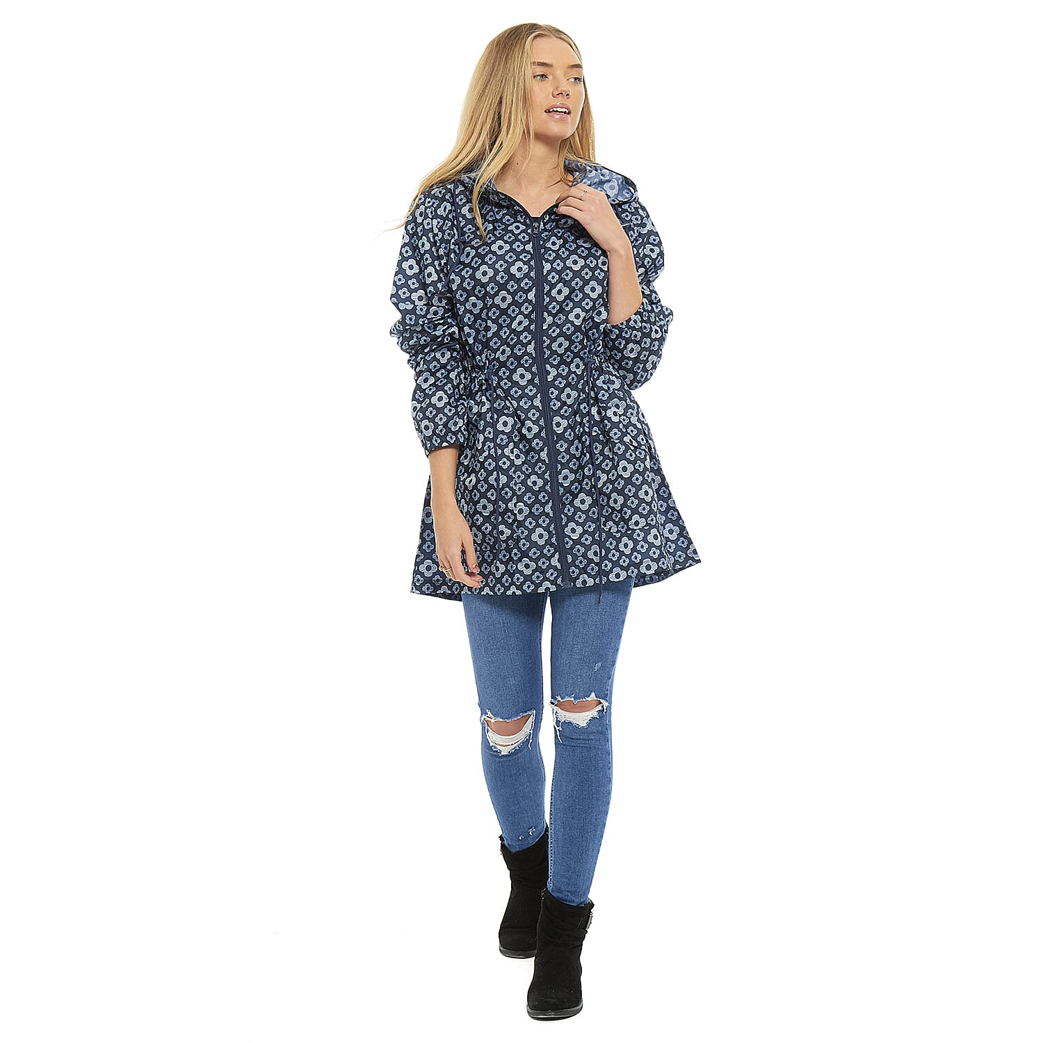 EMMA Floral Pattern Rain Jacket (Size L) - Navy 7757049 0