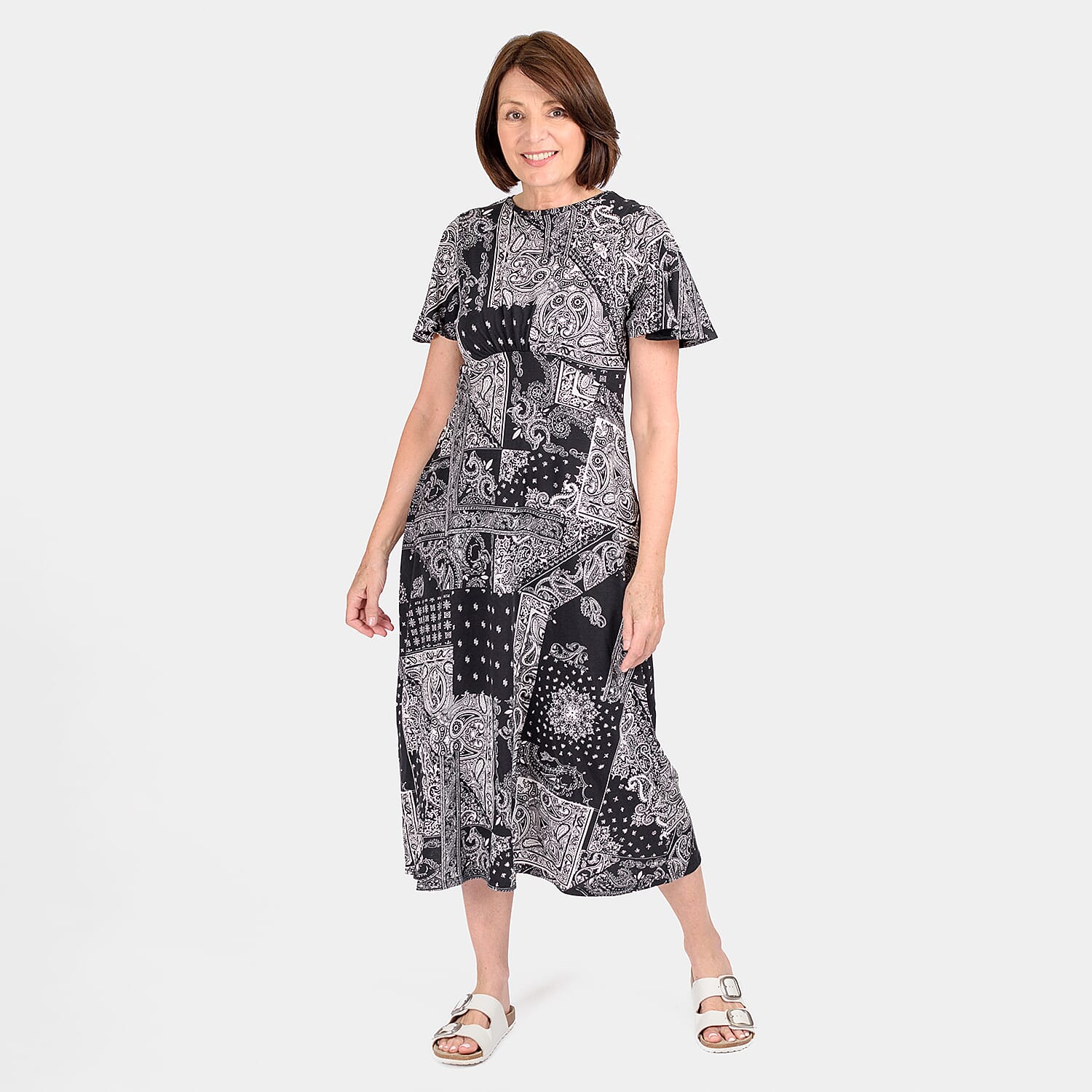 100% Cotton Printed Pattern Maxi Dress (Size 10) - Black - White 7806563 0