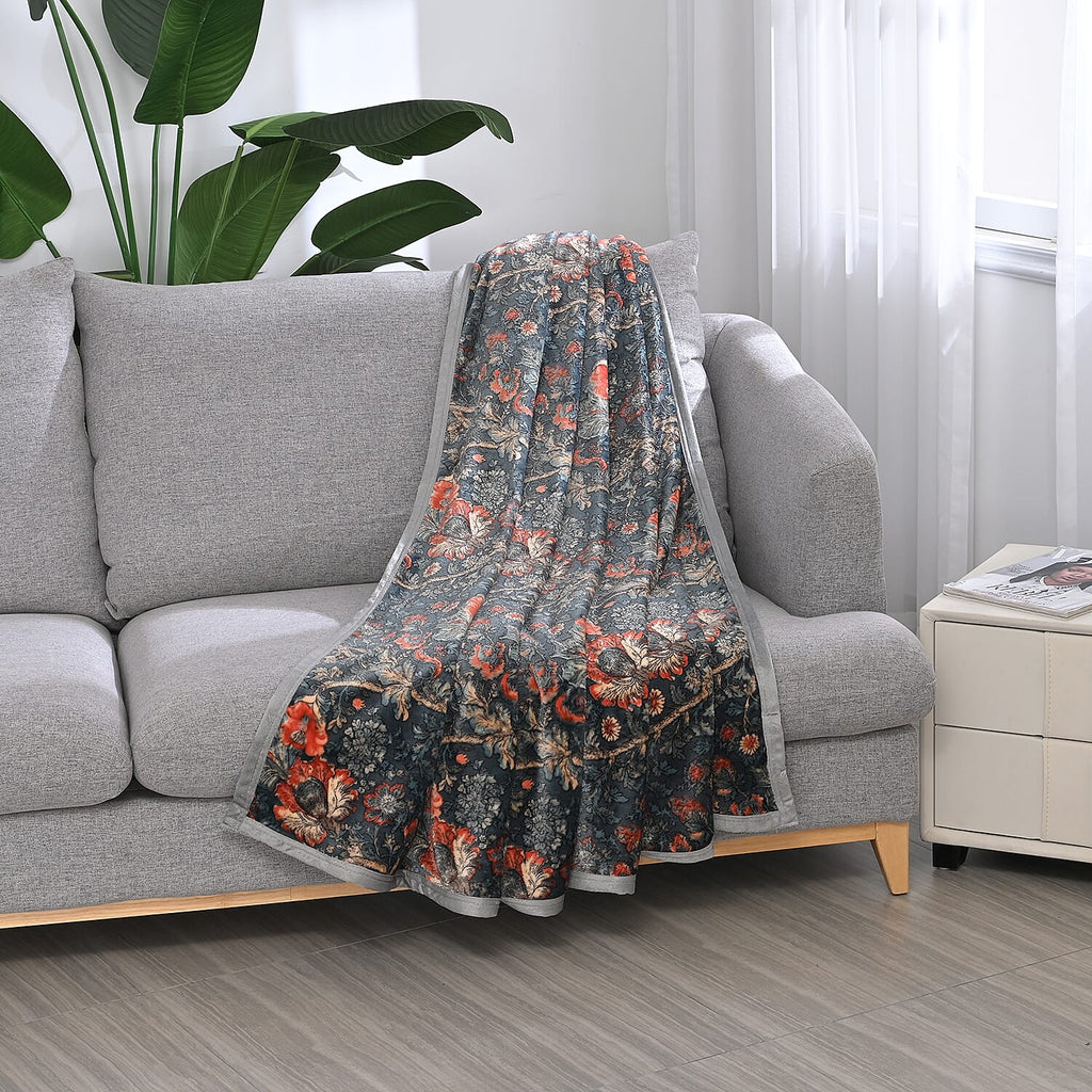 Floral Blanket Size (Size 200x150 cm) - Dark Blue With Flowers Pattern.