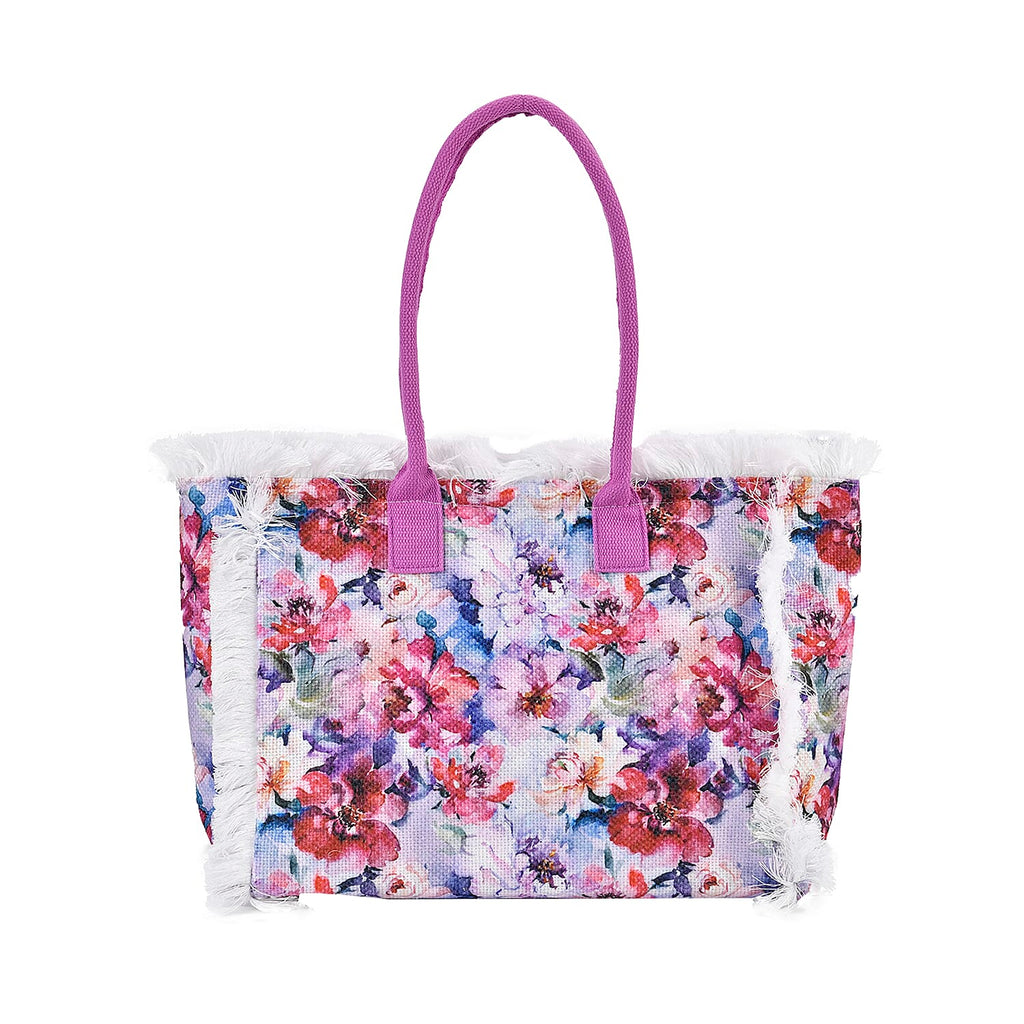 Floral Pattern Fringed Tote Bag with Handle Drop - Purple & Multi